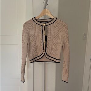 J. Crew Cream Cable Knit Cropped Cardigan with Black Trim and Gold Buttons